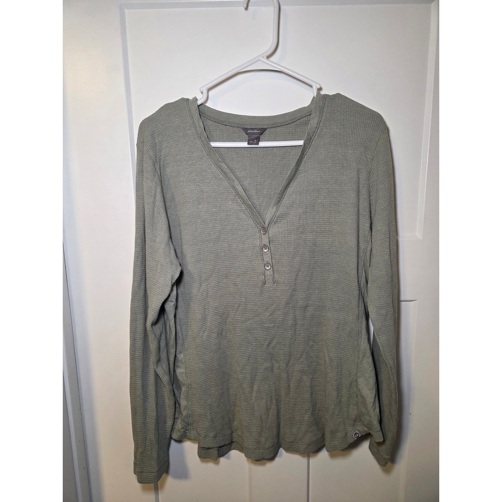 Eddie Bauer Womens XL Olive Green Waffle Knit Henley Long Sleeve Thermal Top - Picture 1 of 3